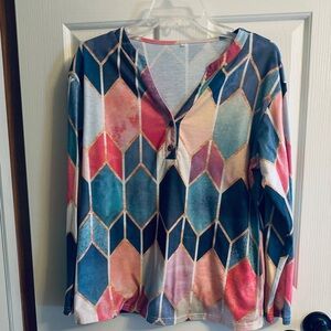 Women’s long sleeve pull over V-Neck Top:  Multi-Colors; Size M